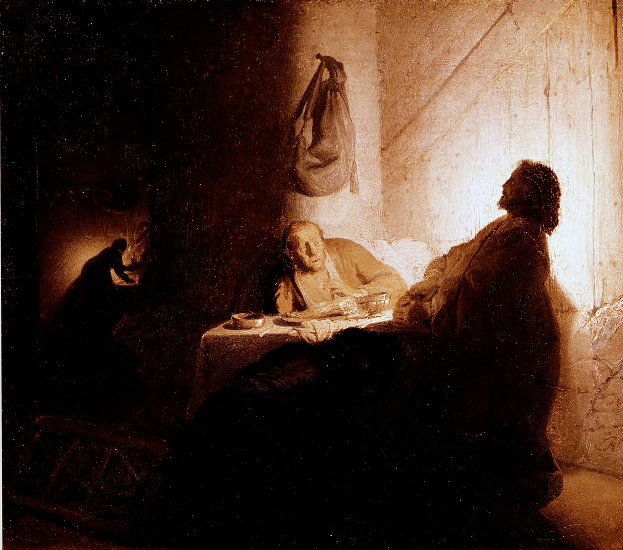 Middagen til Emmaus Kristus viser seg for pilegrimene som sitter ved et bord i et vertshus i Emmaus. Maleri av Harmensz van Rijn dit Rembrandt (1606-1669) 1628-1629 Søn. 21,5x16,5 cm Paris, museum Jacquemart Andre av Rembrandt van Rijn