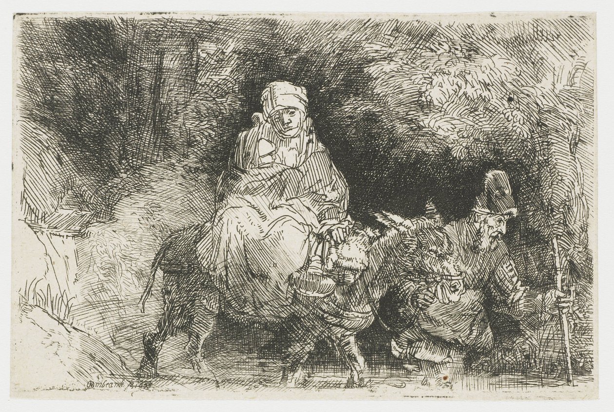 Flyturen til Egypt krysser en bekk av Rembrandt van Rijn