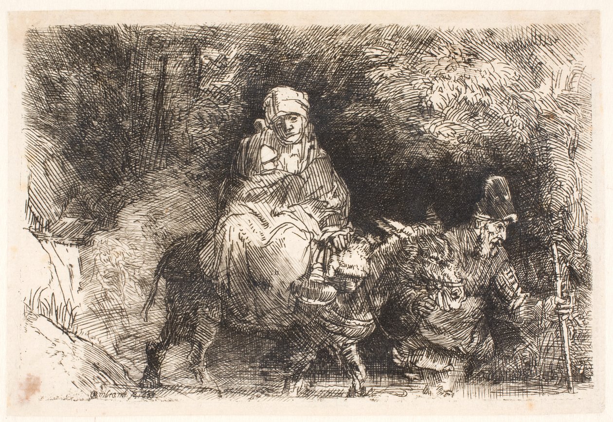 Flukten til Egypt: Den hellige familien krysser en bekk av Rembrandt van Rijn