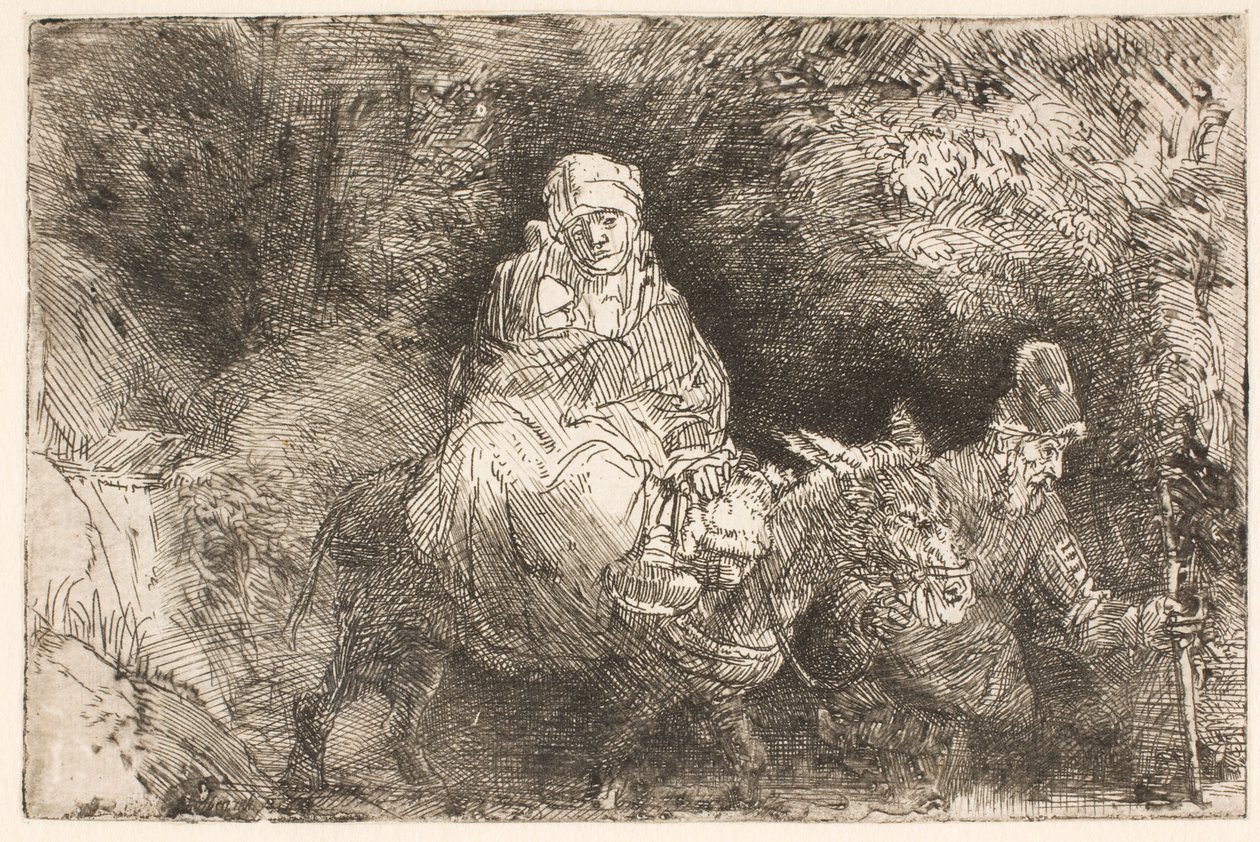 Flukten til Egypt: Den hellige familien krysser en bekk av Rembrandt van Rijn
