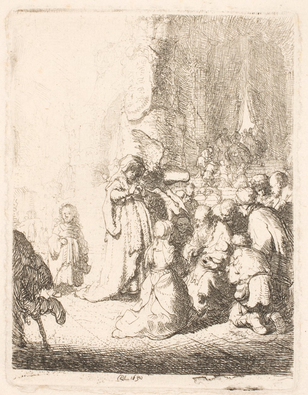 Fremvisningen i tempelet (med engelen): den lille platen av Rembrandt van Rijn