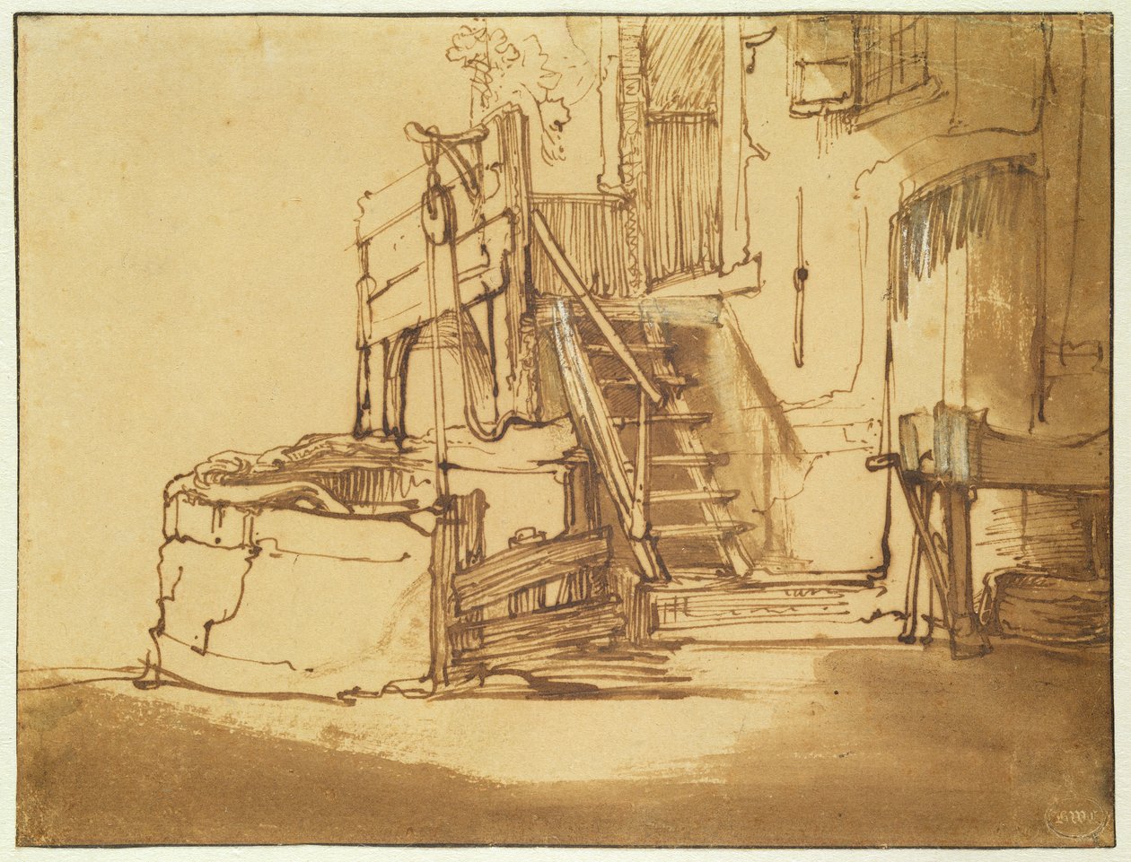 Brønnen foran våningshuset (penn og brunt blekk og brunt vask på papir) av Rembrandt van Rijn