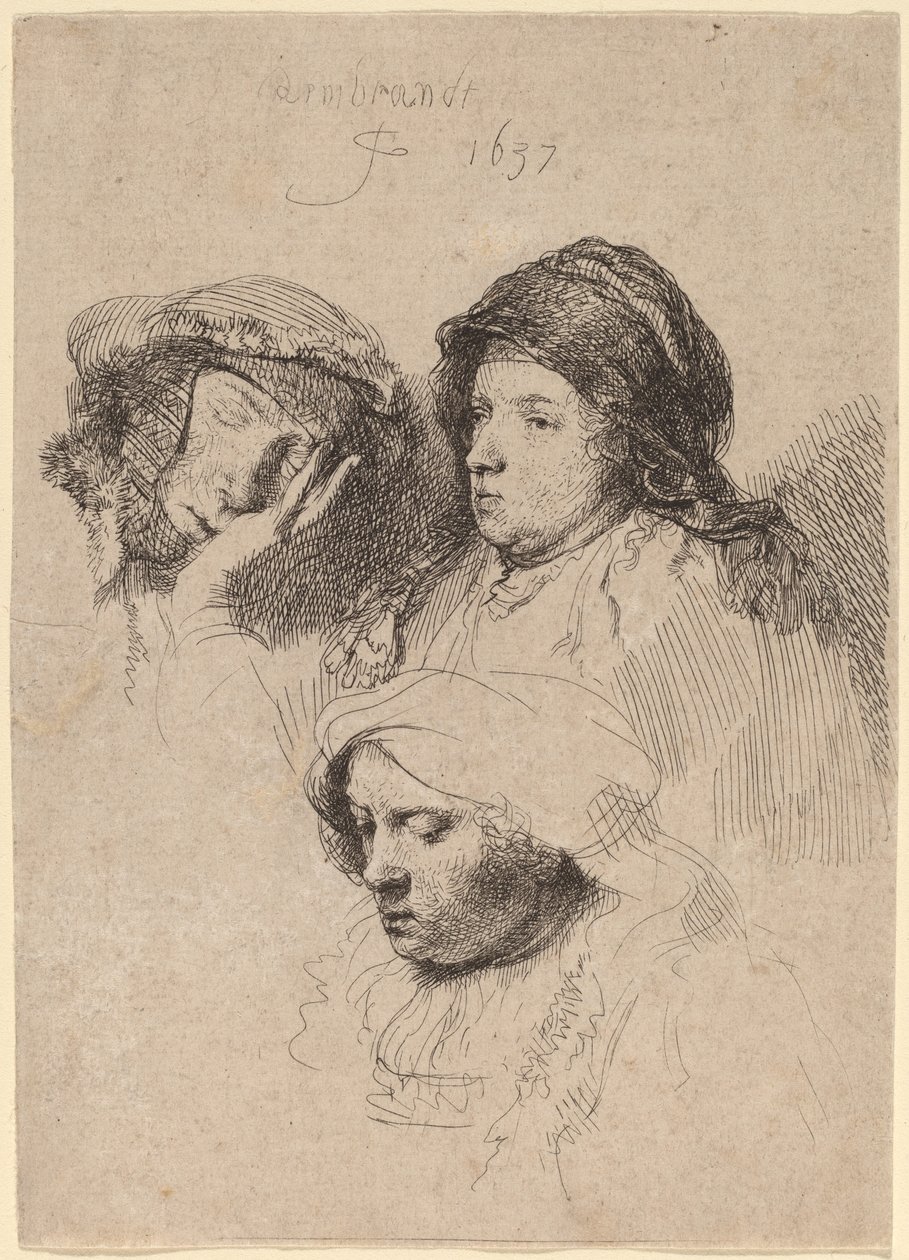 Tre kvinners hoder, en sover av Rembrandt van Rijn