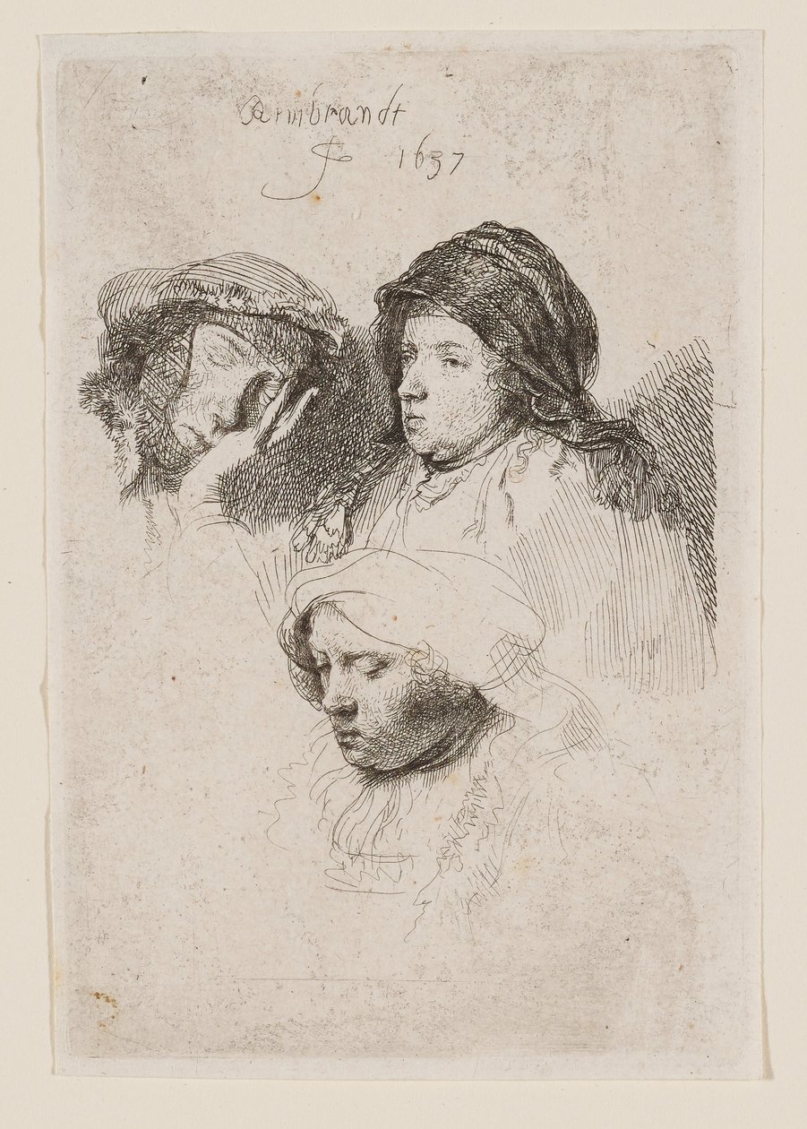 Tre kvinnehoder, hvorav én sover av Rembrandt van Rijn