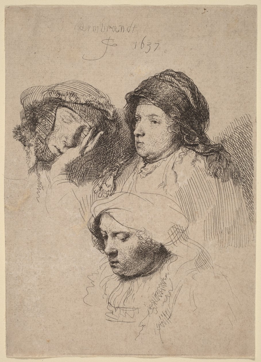 Tre kvinnehoder, hvorav én sover av Rembrandt van Rijn
