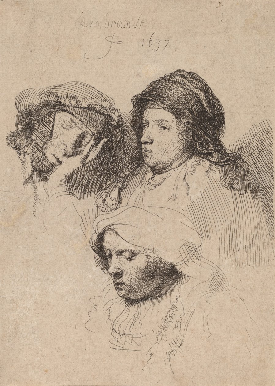 Three Heads of Women, One Sleeping, 1637. av Rembrandt van Rijn