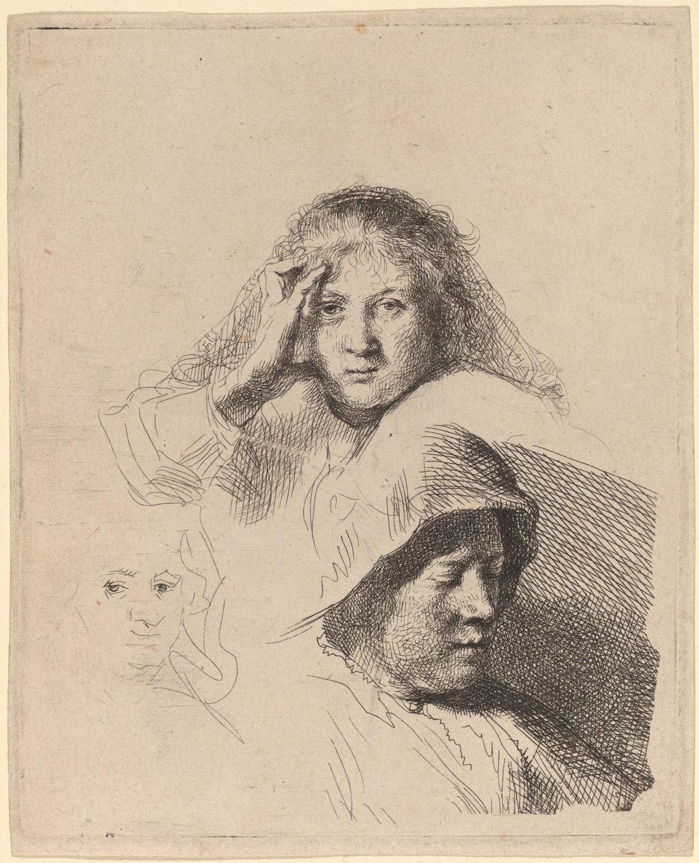 Tre kvinners hoder, ett lett etset av Rembrandt van Rijn