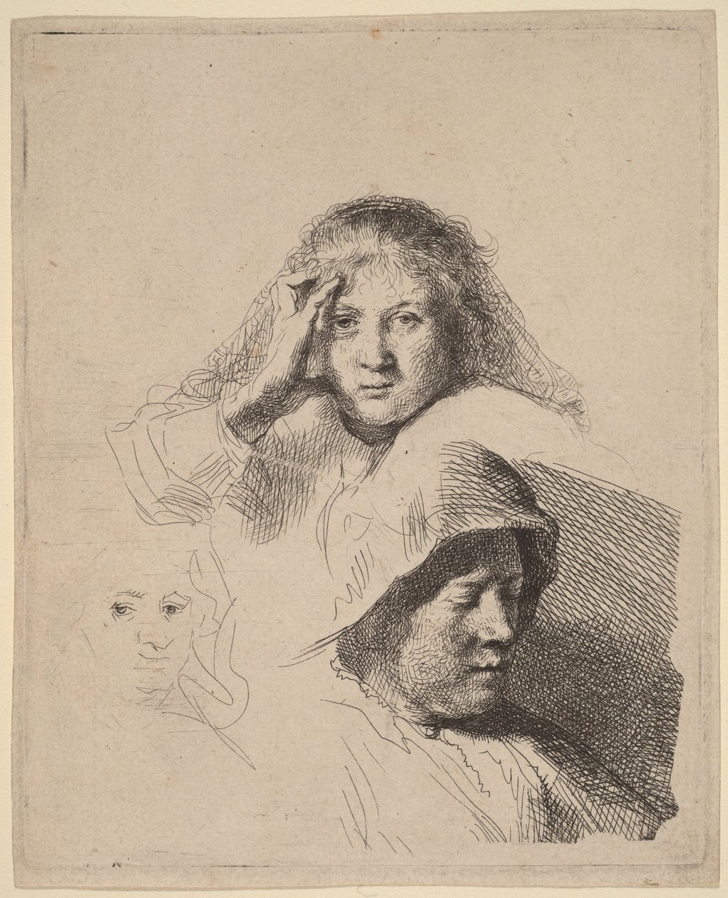 Tre kvinnehoder, ett lett etset av Rembrandt van Rijn