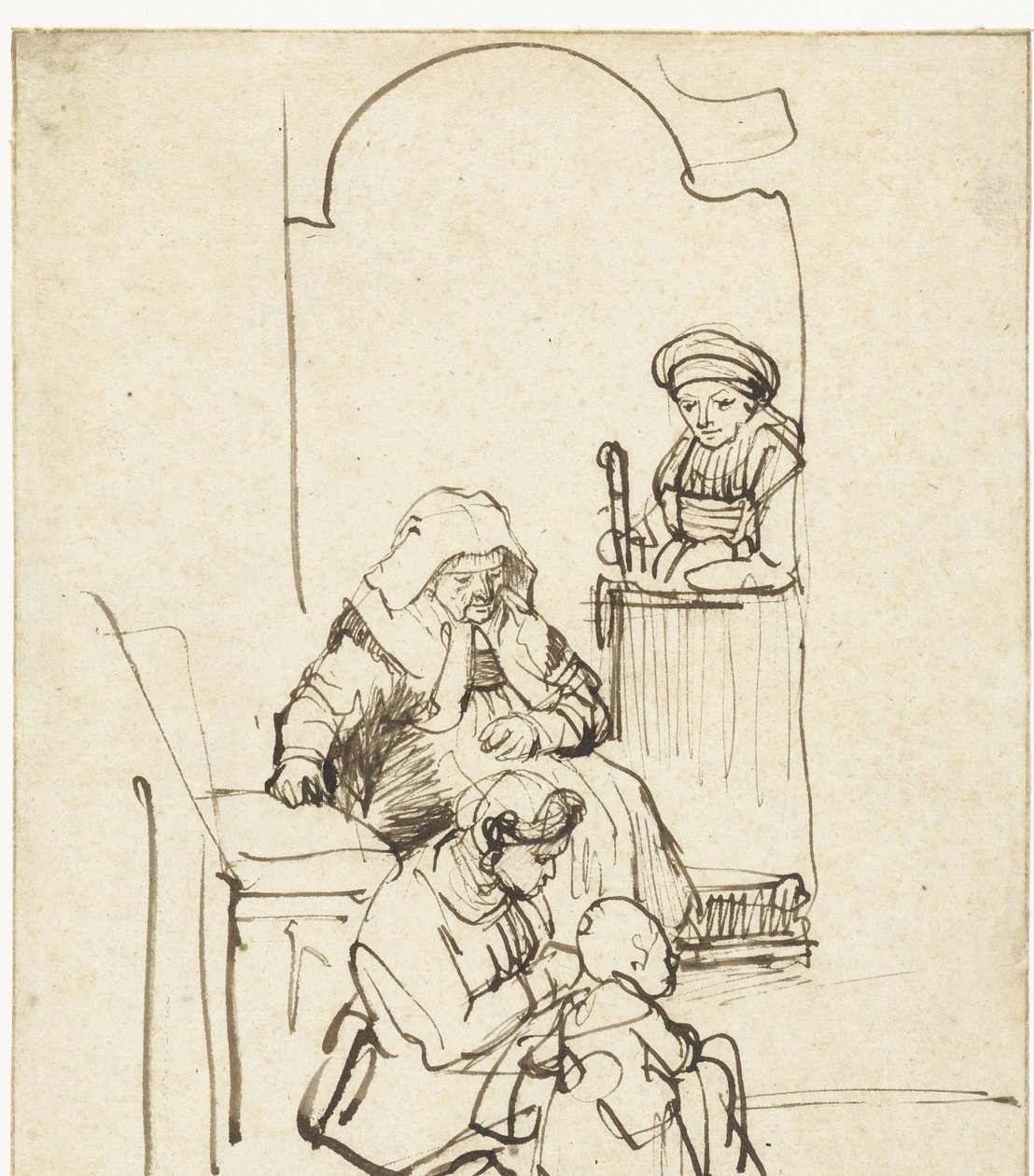 Tre kvinner og et barn ved en dør av Rembrandt van Rijn