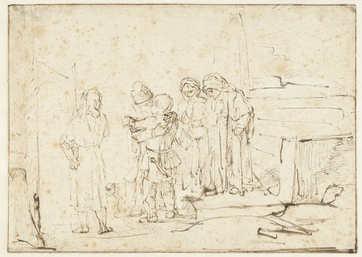 Tobias og engelen tar farvel med Raguel av Rembrandt van Rijn