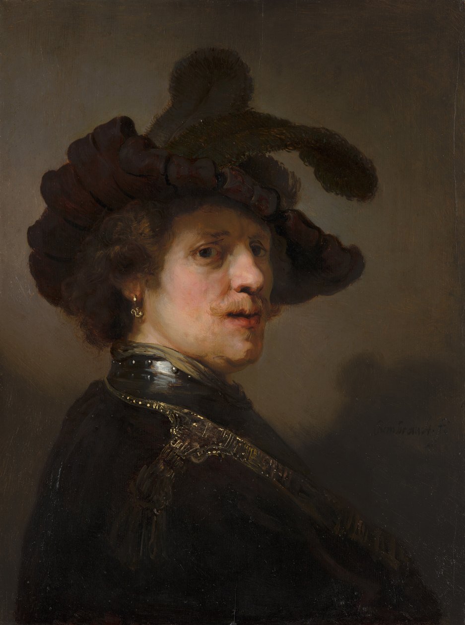 Tronie av en mann med en fjærkledd beret, ca 1635-1640. av Rembrandt van Rijn