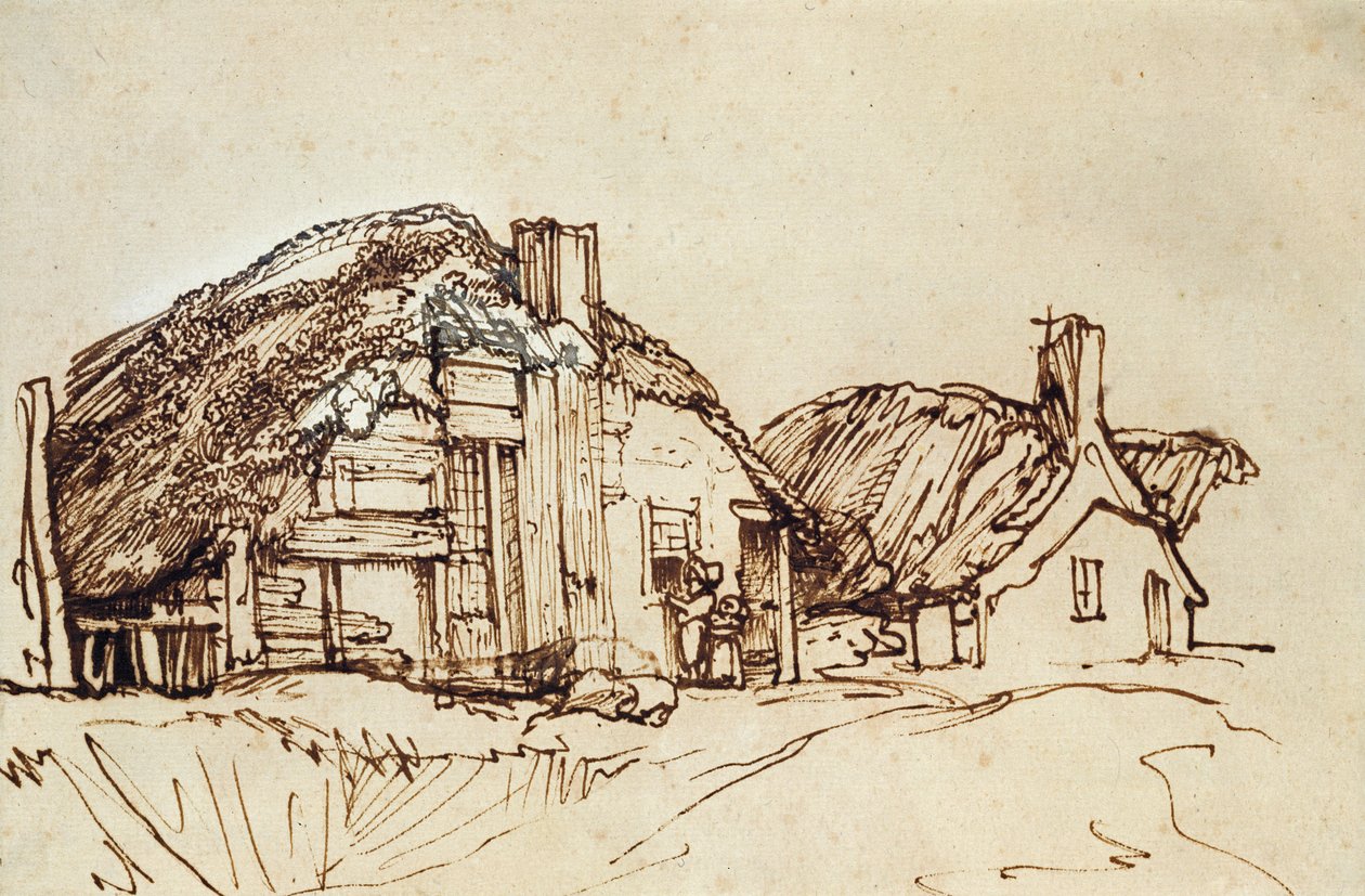 To hytter med stråtak med figurer ved vinduet av Rembrandt van Rijn