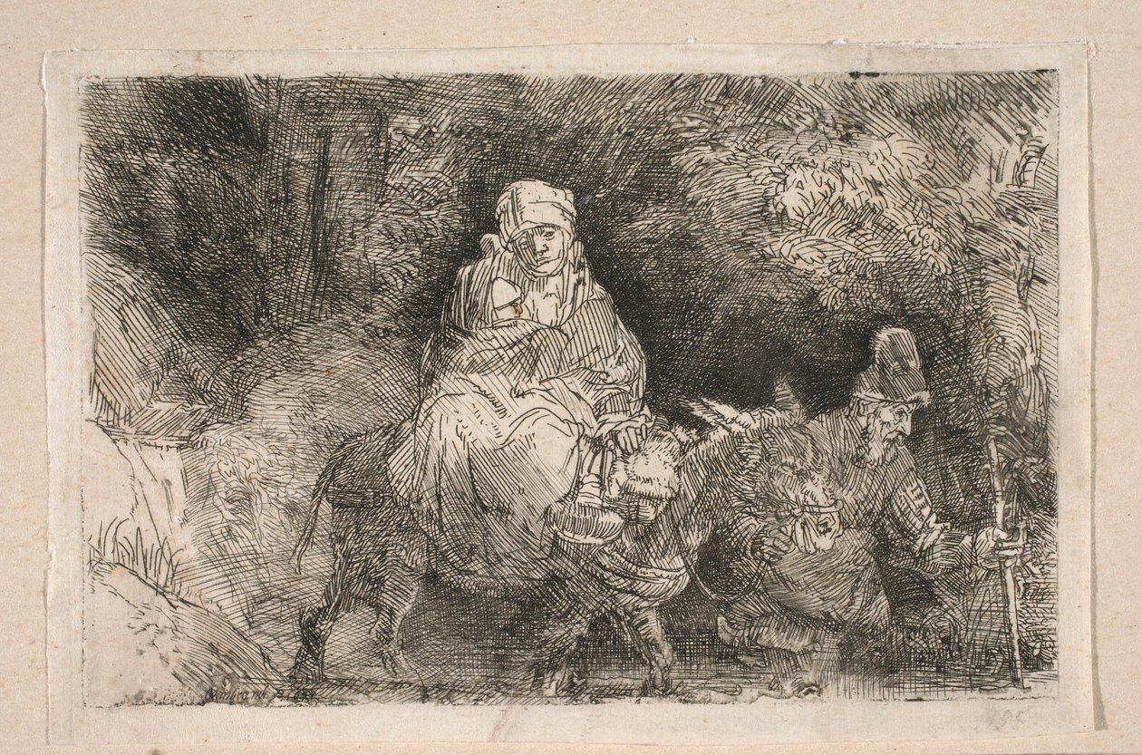 Flukten til Egypt – Den hellige familien krysser bekken av Rembrandt van Rijn