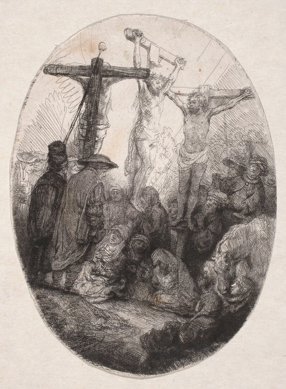 Korsfestelsen mellom to forbrytere (oval plate) av Rembrandt van Rijn