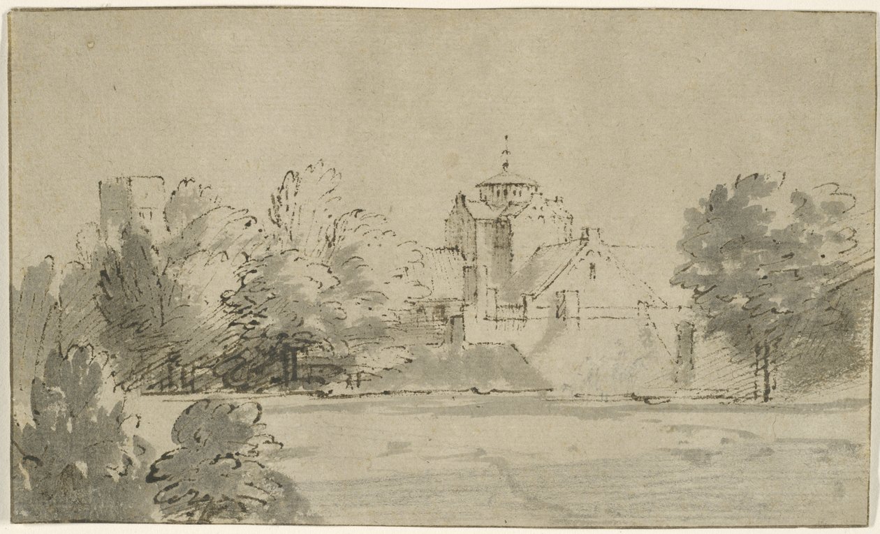 Utsikt over Mariakerk i Utrecht fra sør, ca. 1652 (penn og blekk med vask på papir) av Rembrandt van Rijn