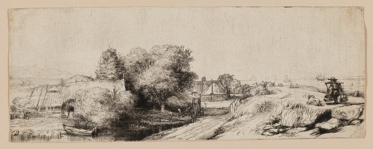 Utsikt over Diemerdijk med en melkemann og hytter av Rembrandt van Rijn