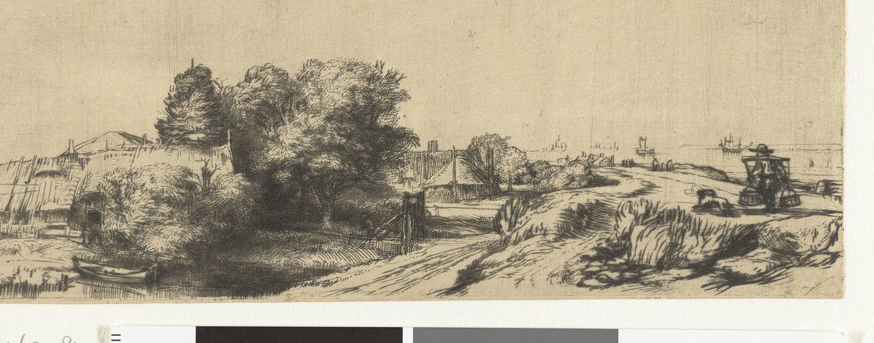 Utsikt over Diemerdijk med melkemann og hytter av Rembrandt van Rijn