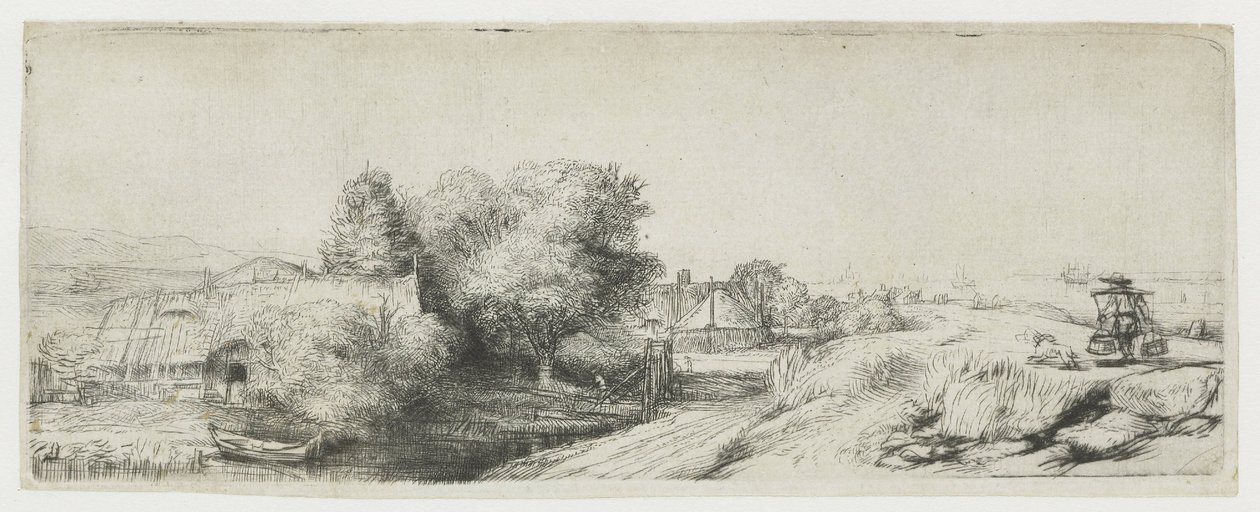 Utsikt over Diemerdijk med en melkemann og hytter av Rembrandt van Rijn