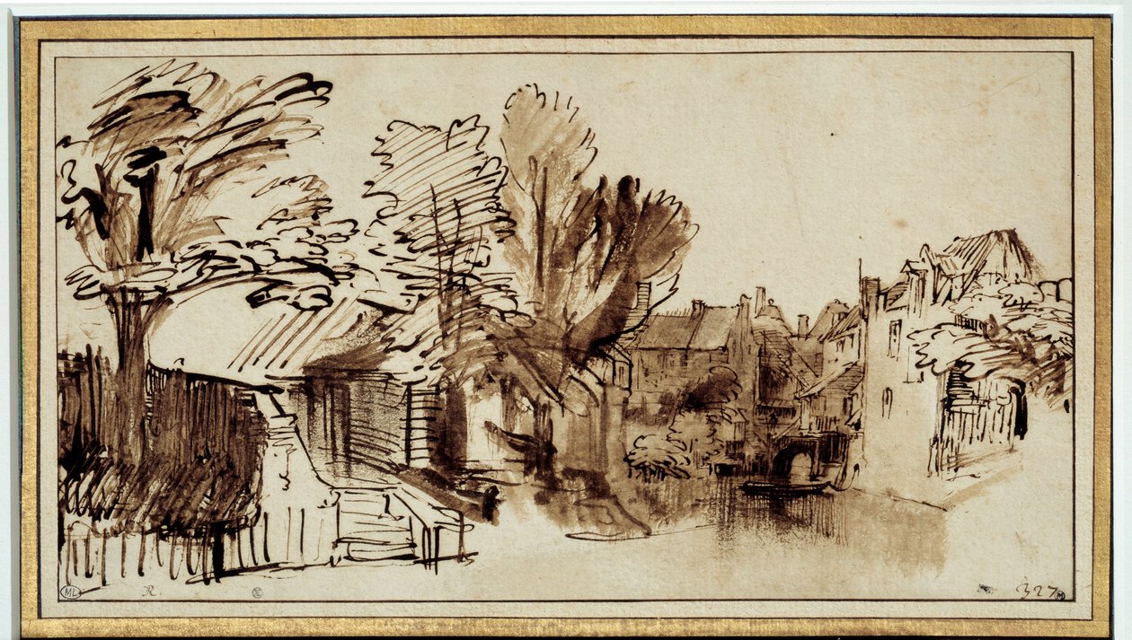 Utsikt over Singelkanalen i Amersfoort. Tegning av Harmensz Rembrandt (1606-1669) av Rembrandt van Rijn