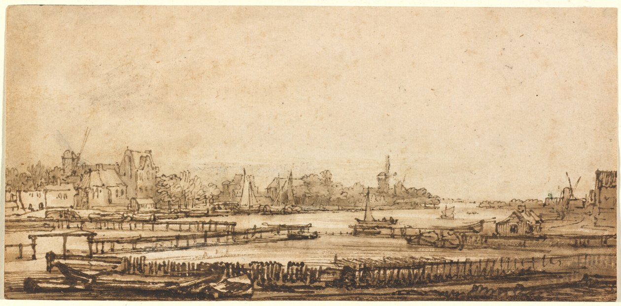 Utsikt over Amstel fra vollen av Rembrandt van Rijn