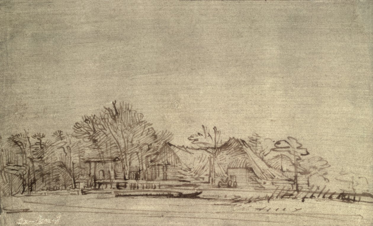 Vinterlandskap med hytter blant trær, ca. 1650 (rørpenn og brunt blekk) av Rembrandt van Rijn