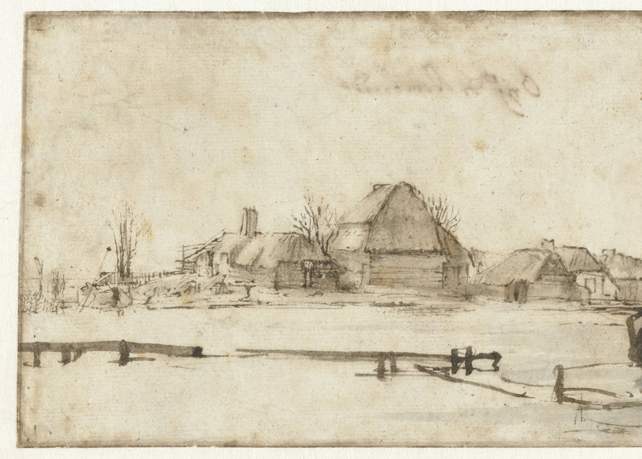 Vinterutsikt med vannvei, hytter og to båter av Rembrandt van Rijn