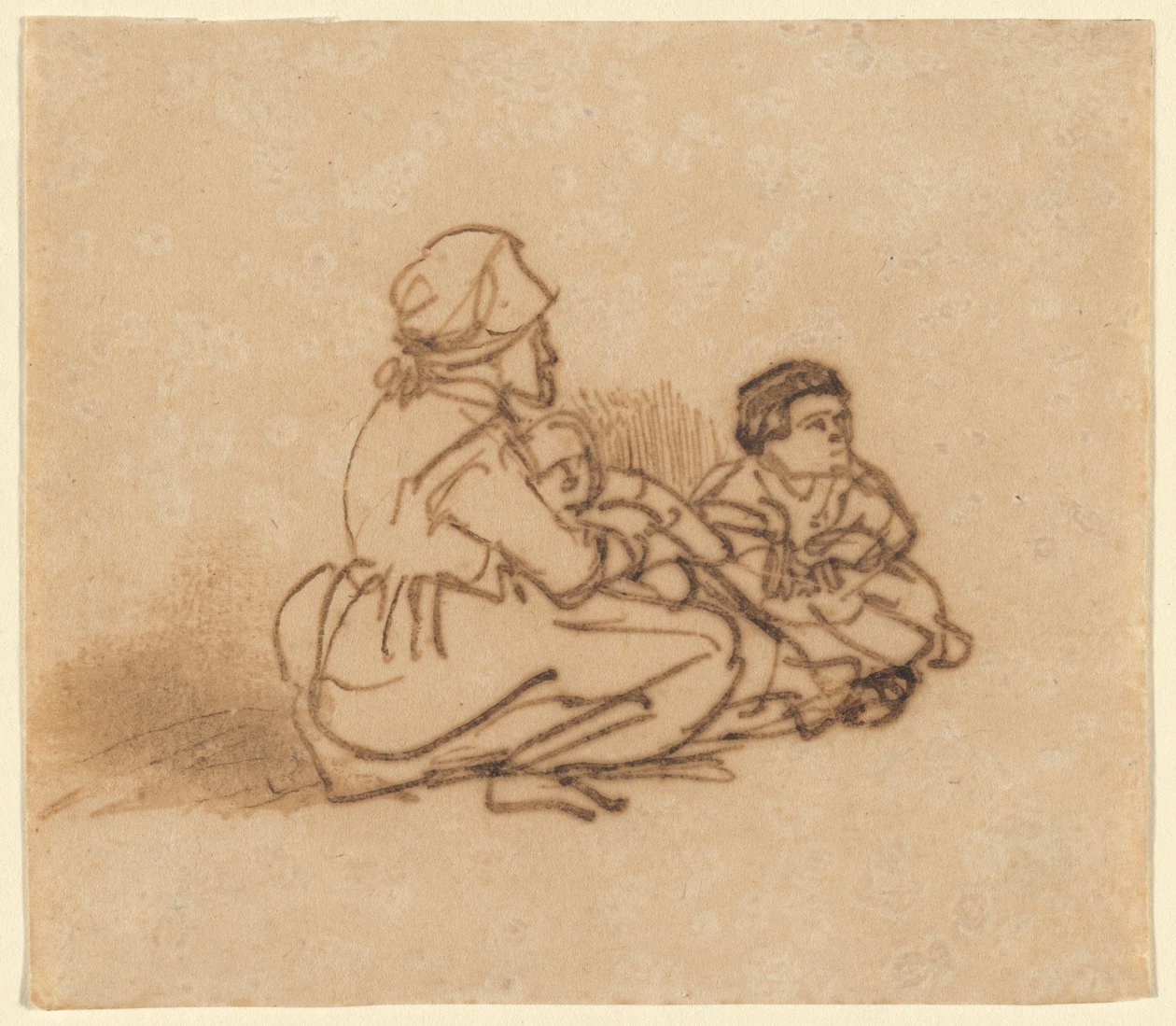 Kvinne sitter på bakken med to barn av Rembrandt van Rijn