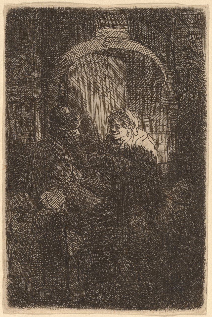 Kvinne ved en dørluke snakker med en mann og barn (skolemesteren) av Rembrandt van Rijn
