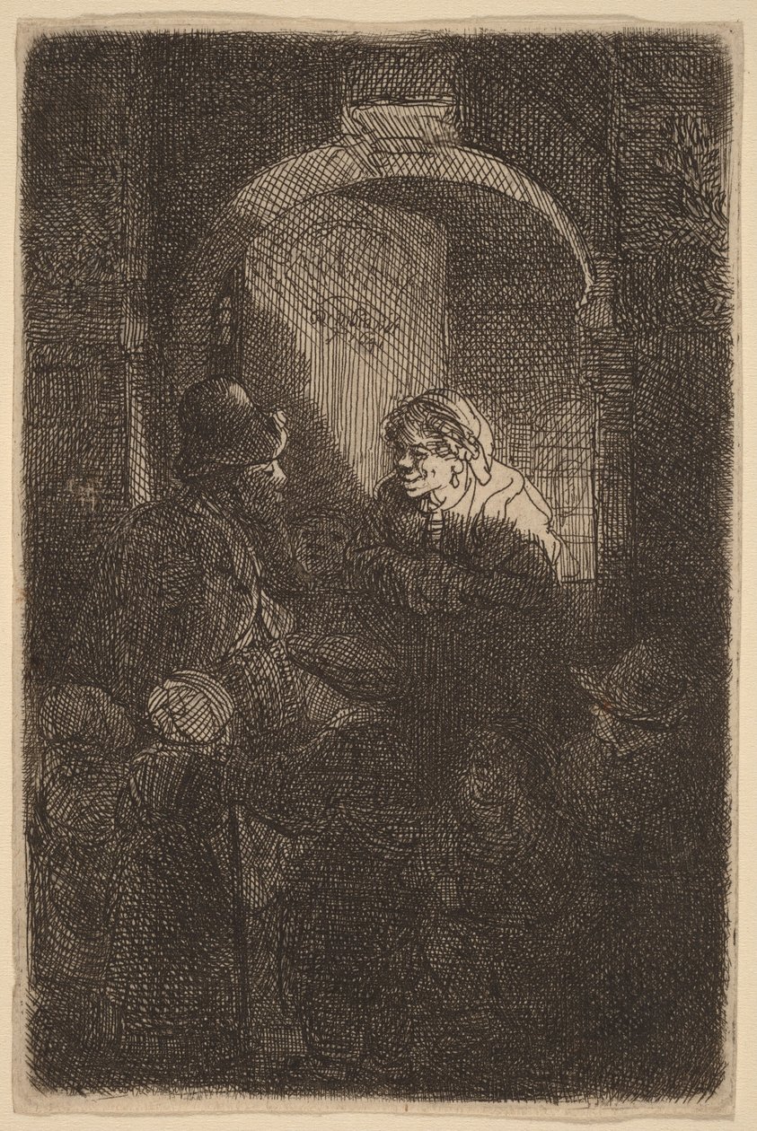 Kvinne ved en døråpning som snakker med en mann og noen barn (Skolelæreren) av Rembrandt van Rijn