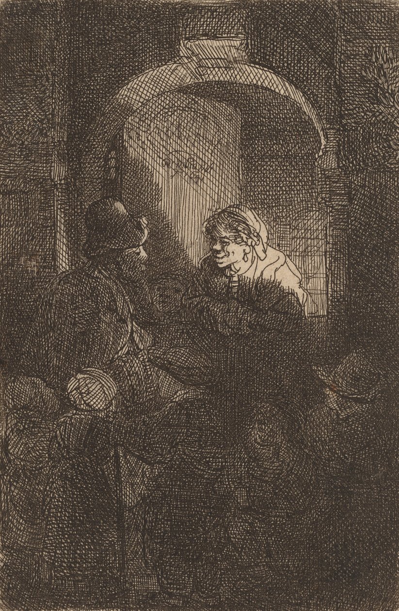 Kvinne ved en dørluke snakker med en mann og barn Skolemesteren, 1641. av Rembrandt van Rijn