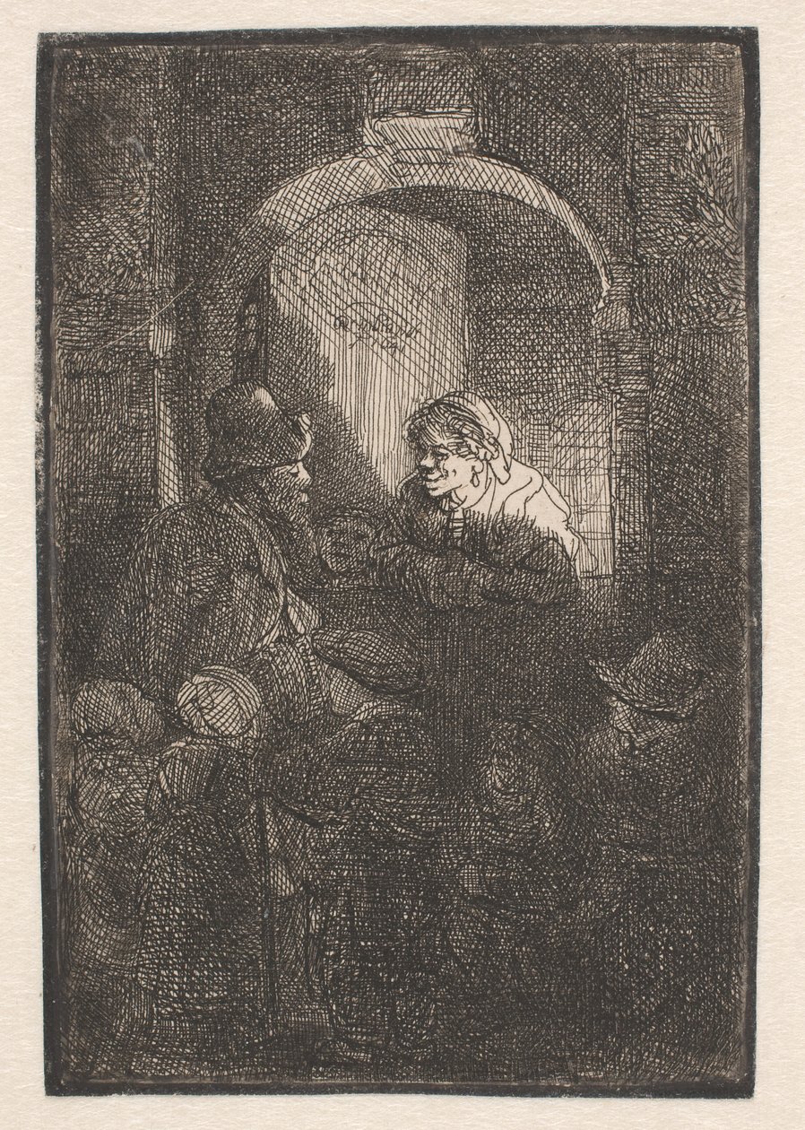 En kvinne ved en dørluke som snakker med en mann og noen barn («Scoolmaster») av Rembrandt van Rijn