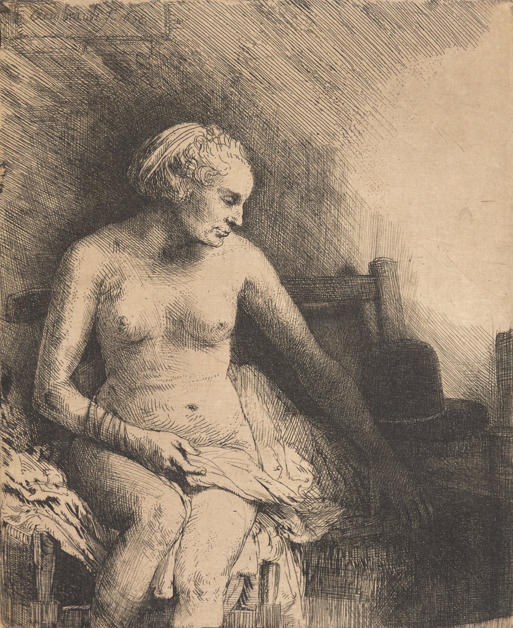Kvinne ved badekaret med en hatt ved siden av seg av Rembrandt van Rijn