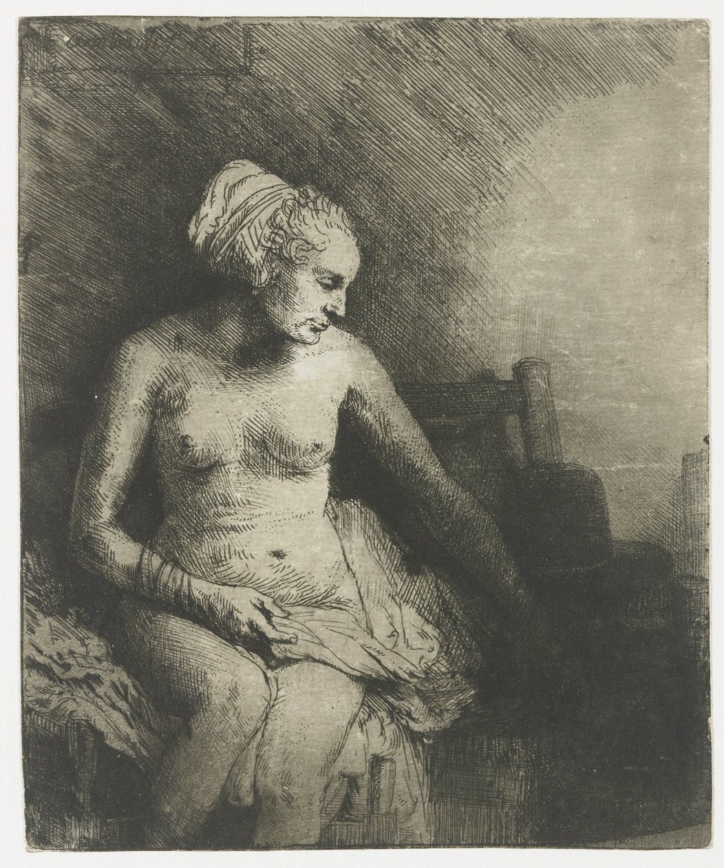 Kvinne på badet, med en hatt ved siden av henne Kvinne på badet med en lue ved siden av seg av Rembrandt van Rijn