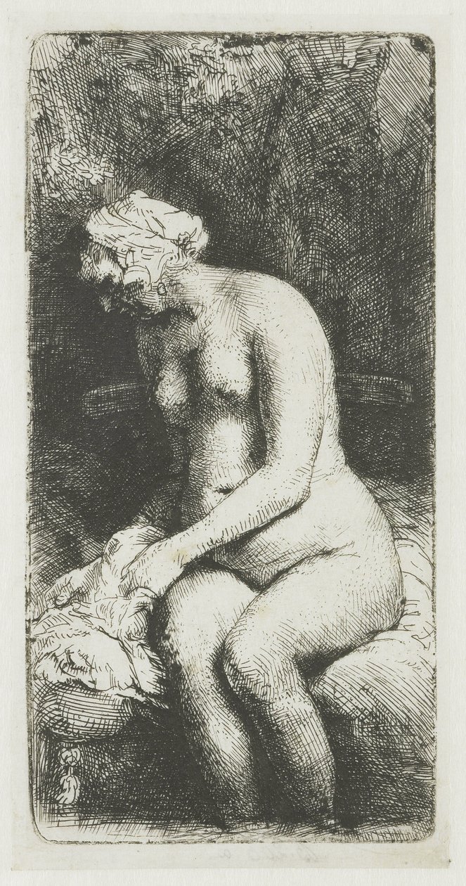 Kvinne som bader føttene ved en bekk av Rembrandt van Rijn