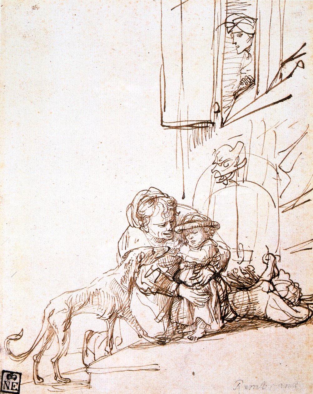 Kvinne med et barn redd for en hund, 1600-tallet av Rembrandt van Rijn