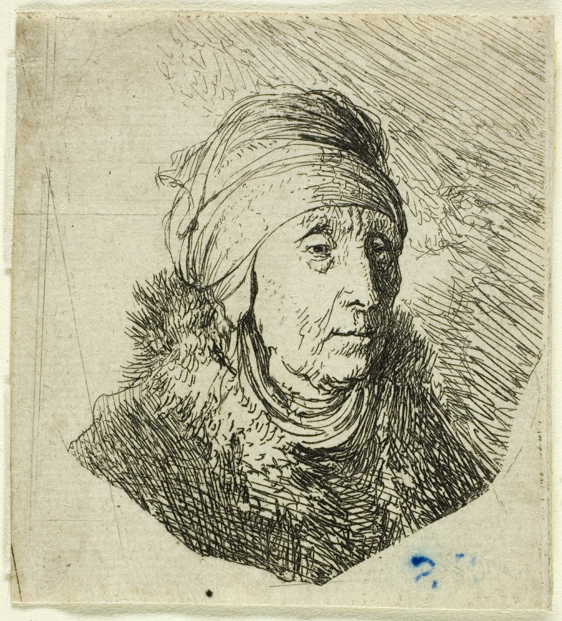 Kvinne med et høyt hodeplagg viklet rundt haken: Byste av Rembrandt van Rijn