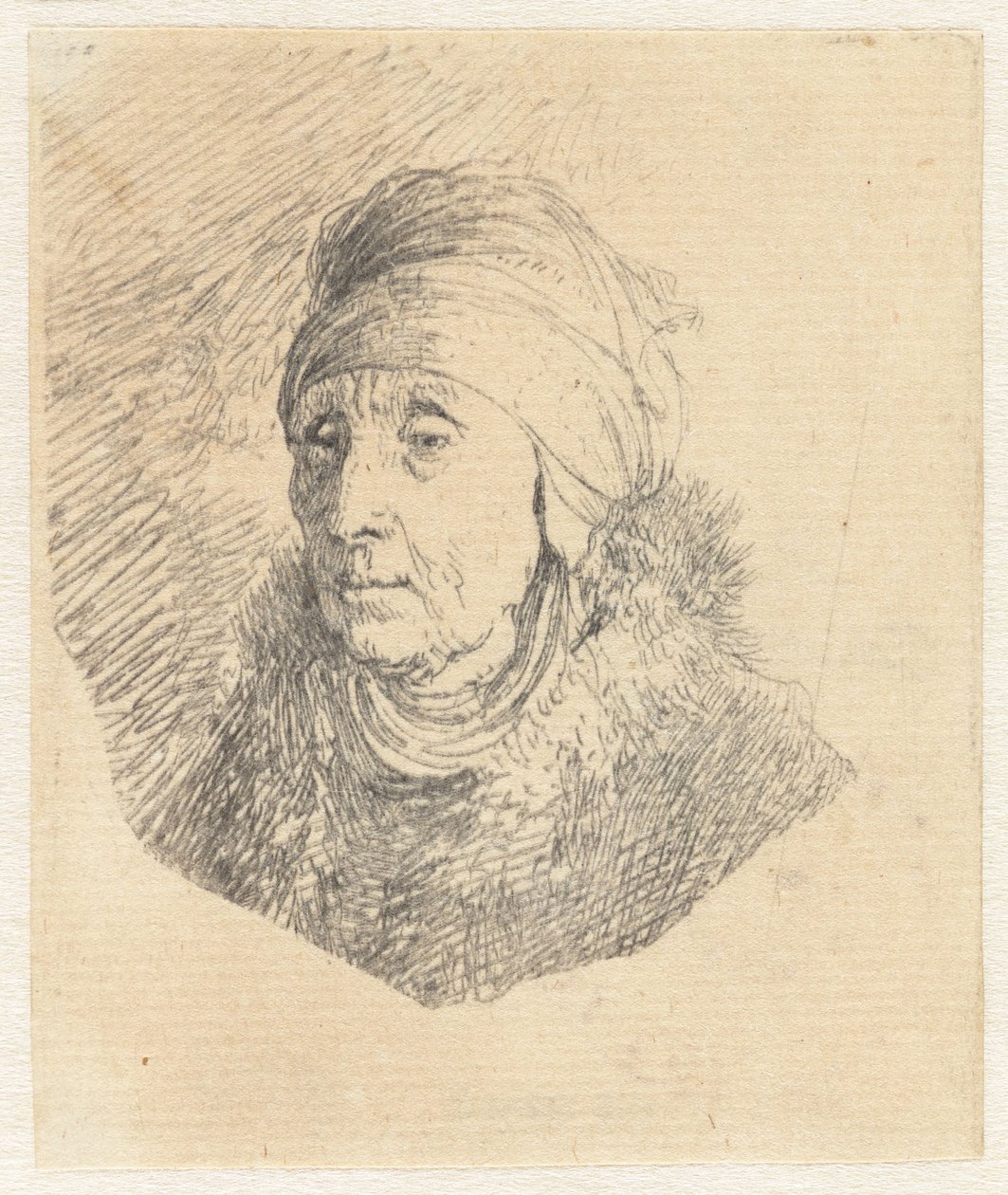 Kvinne med et høyt hodeplagg som er viklet rundt haken: brystbilde av Rembrandt van Rijn