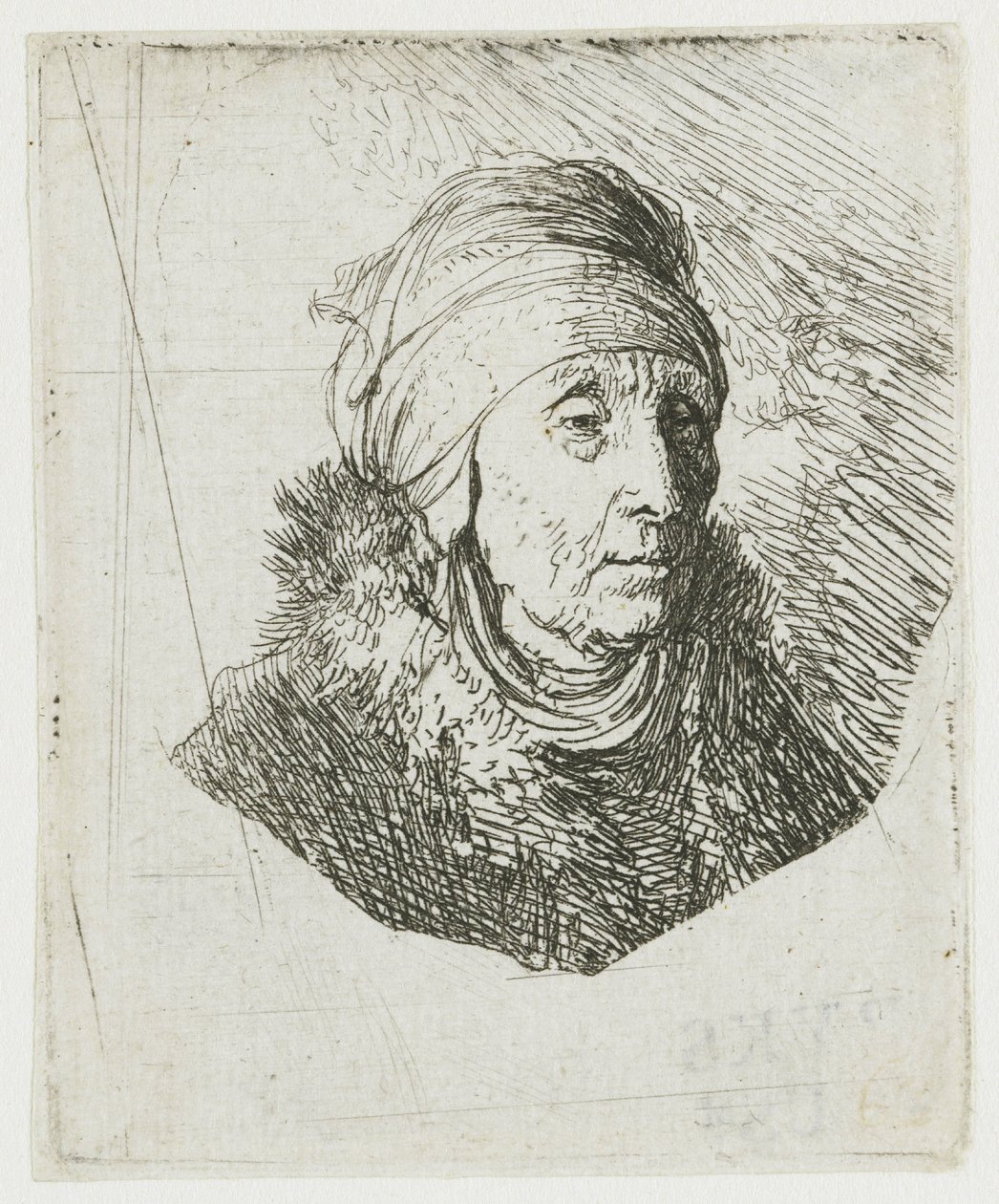 Kvinne med et høyt hodeplagg som er viklet rundt haken: brystbilde av Rembrandt van Rijn