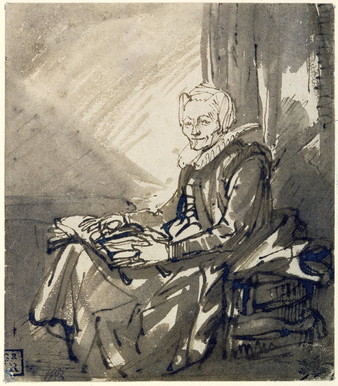 Kvinne med en åpen bok på fanget, ca 1639 av Rembrandt van Rijn