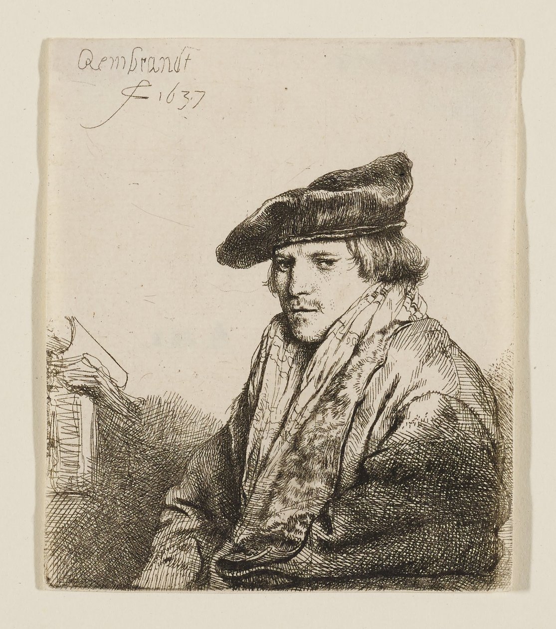 Ung mann med fløyelslue og bøker ved siden av seg av Rembrandt van Rijn