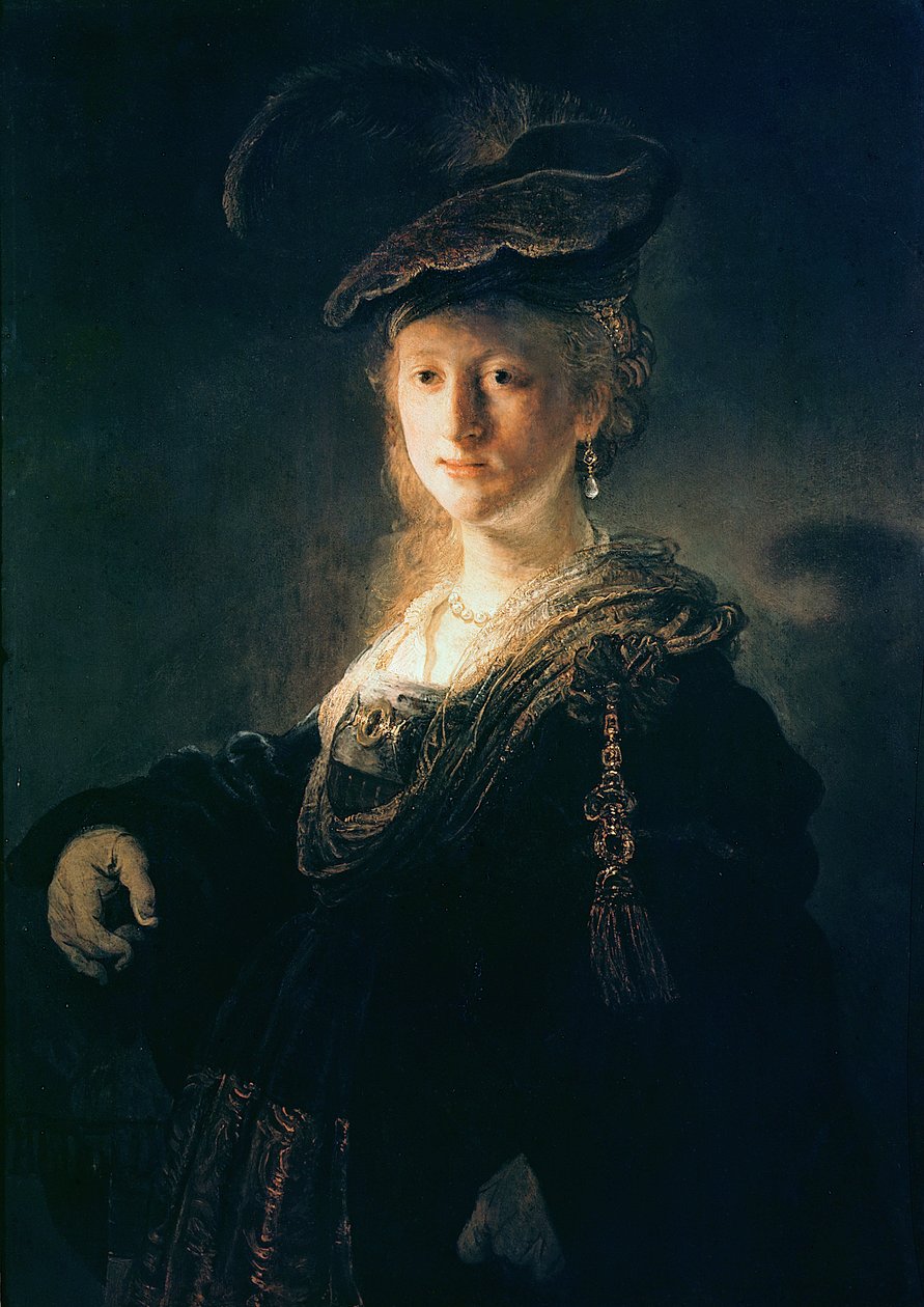 Ung kvinne i fancy kjole av Rembrandt van Rijn