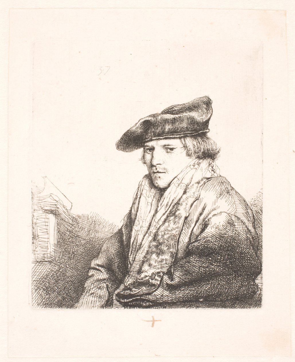 Ung mann i fløyelshette med bøker ved siden av seg av Rembrandt van Rijn