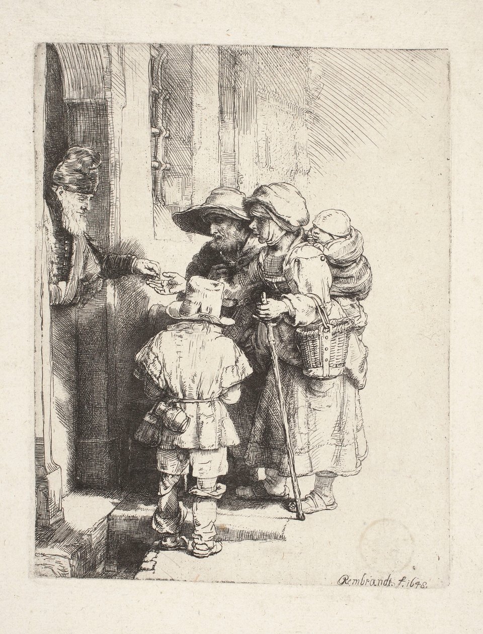 Tiggere som mottar almisser i døråpningen av Rembrandt van Rijn