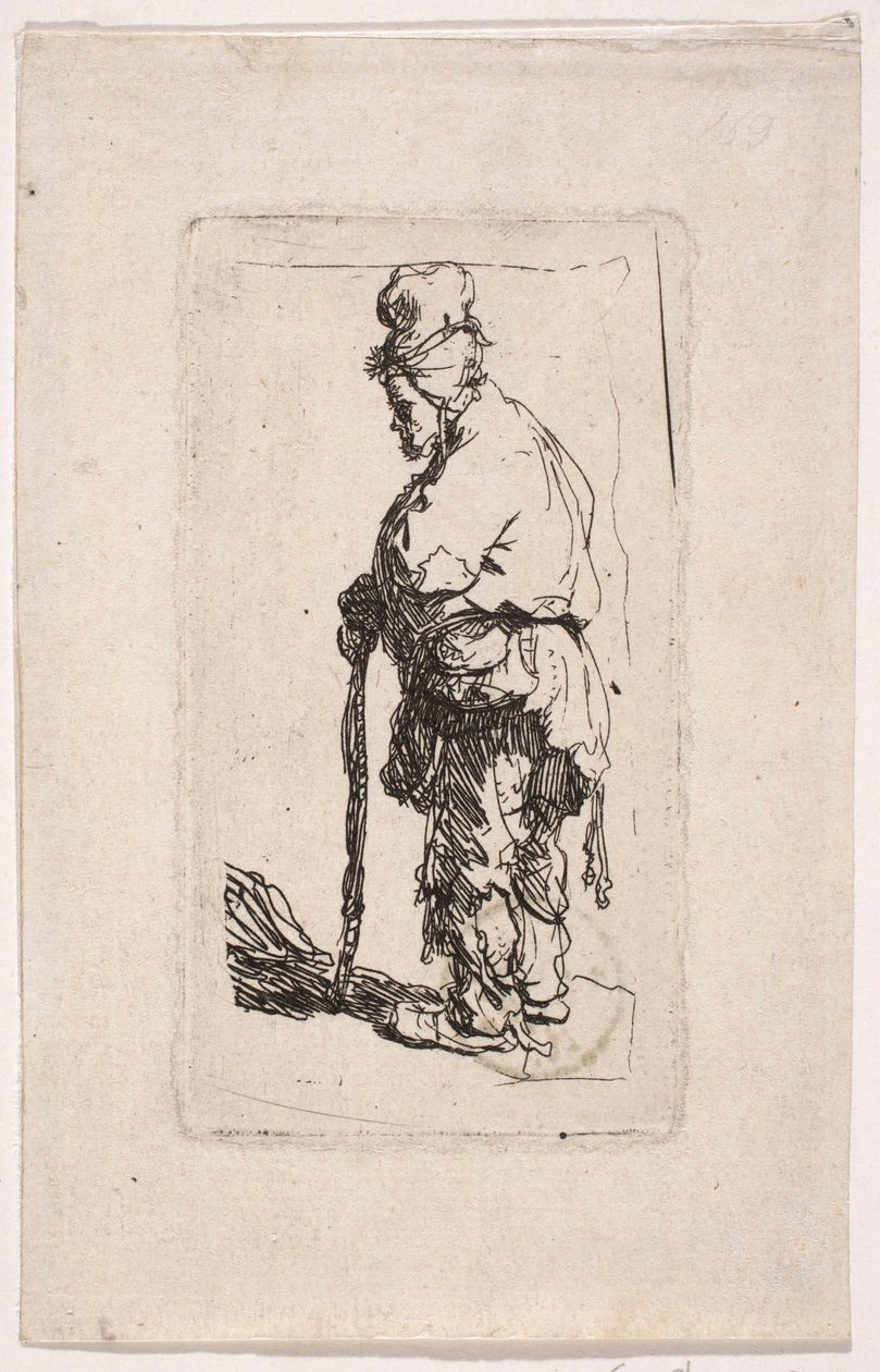 En tigger som støtter seg på en stokk, vendt mot venstre av Rembrandt van Rijn