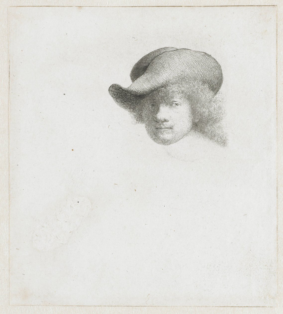 Selvportrett med slapp hatt og bearbeidet kappe av Rembrandt van Rijn