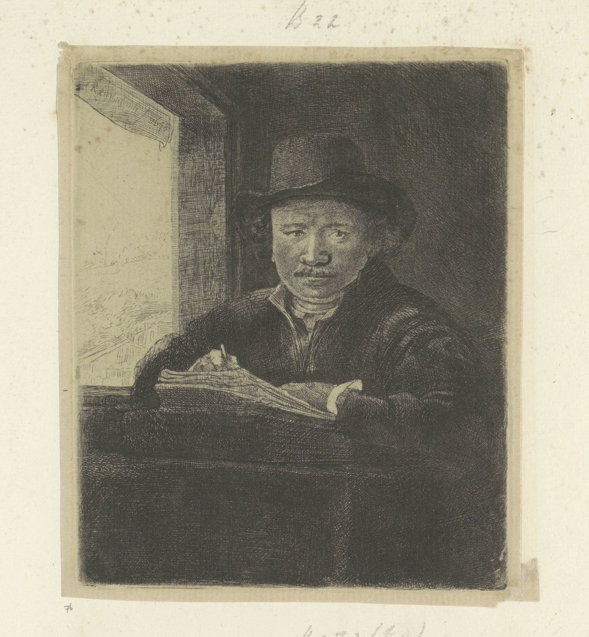 Selvportrett, tegning ved et vindu Recueil de quatre-vingt-cinq estampes originales (serietittel) av Rembrandt van Rijn