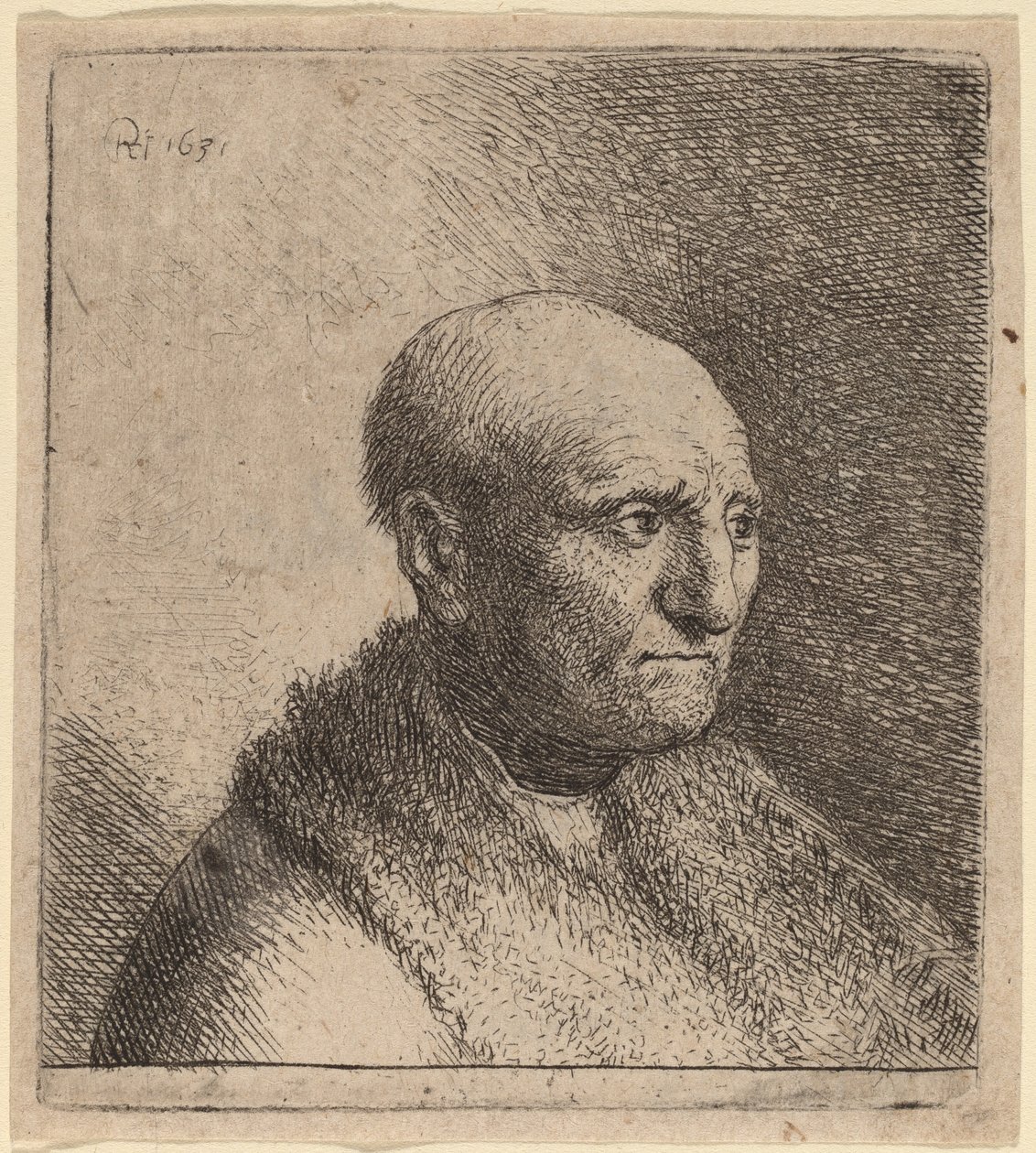 Skallet mann i en pelskappe av Rembrandt van Rijn and Studio of Rembrandt
