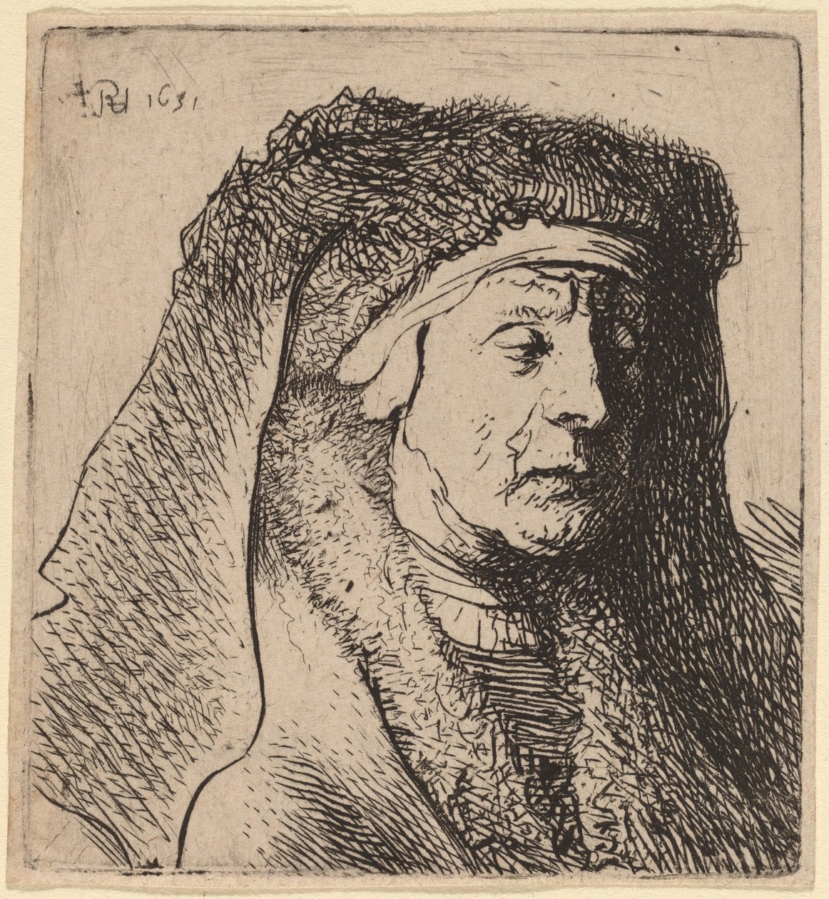 Byste av en gammel kvinne i en pelskappe og kraftig hodeplagg av Rembrandt van Rijn and Studio of Rembrandt