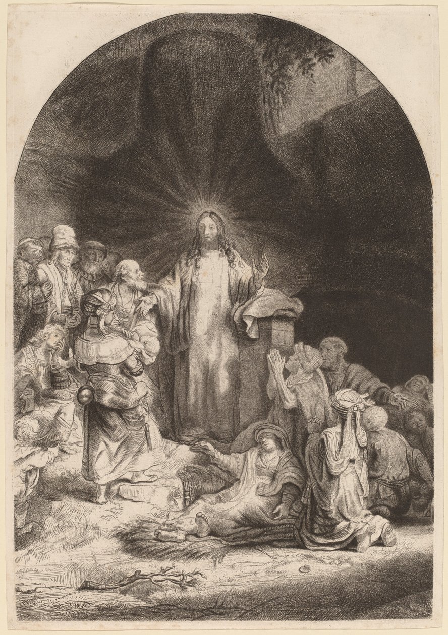 Kristus forkynner og helbreder (fragment fra trykket på hundre gylden) av Rembrandt van Rijn and William Baillie
