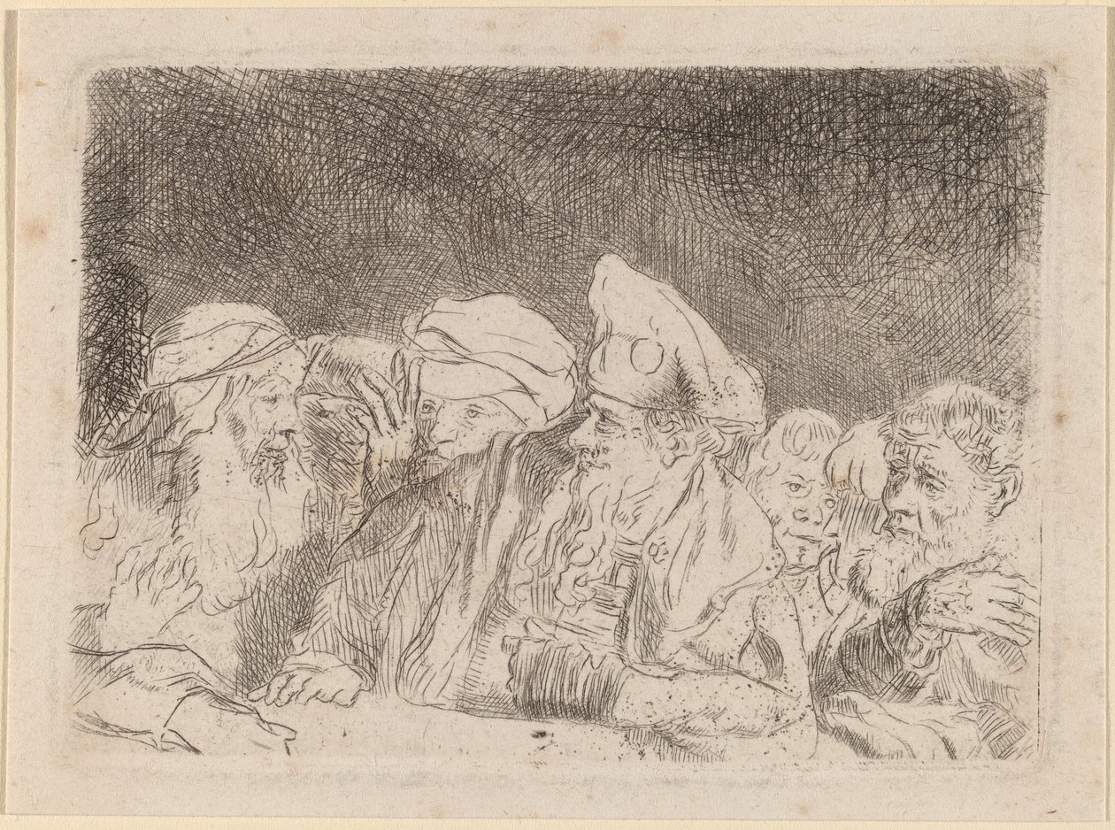 Fariseerne debatterer (fragment fra trykket i hundre gylden) av Rembrandt van Rijn and William Baillie